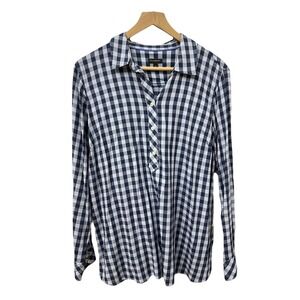 Talbots Gingham Button Up Top Size M Navy Blue White Check Long Sleeve Rayon